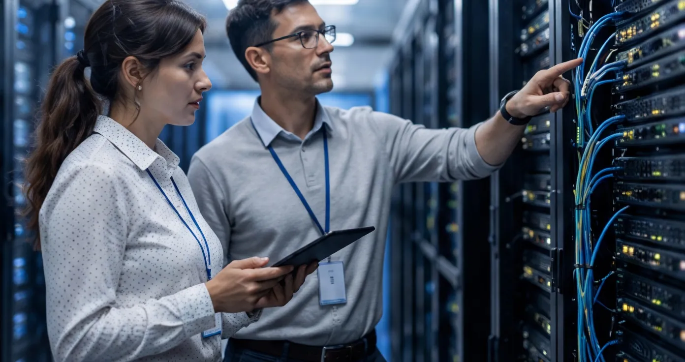 Engineers working in a client server room